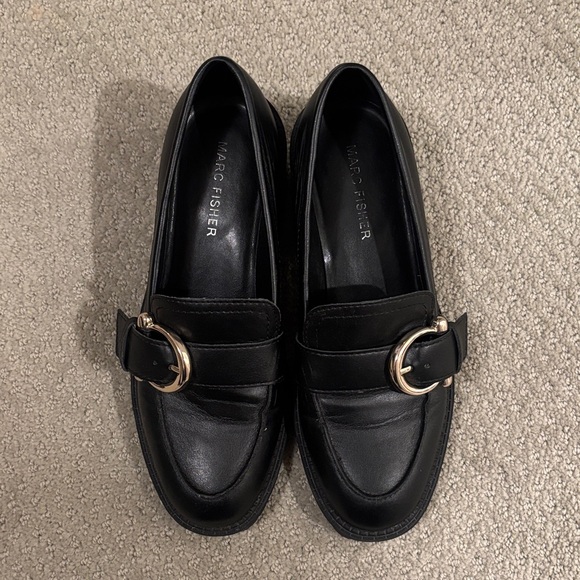 Marc Fisher Shoes - Marc Fisher Black Leather Loafers with Gold Buckle Accent